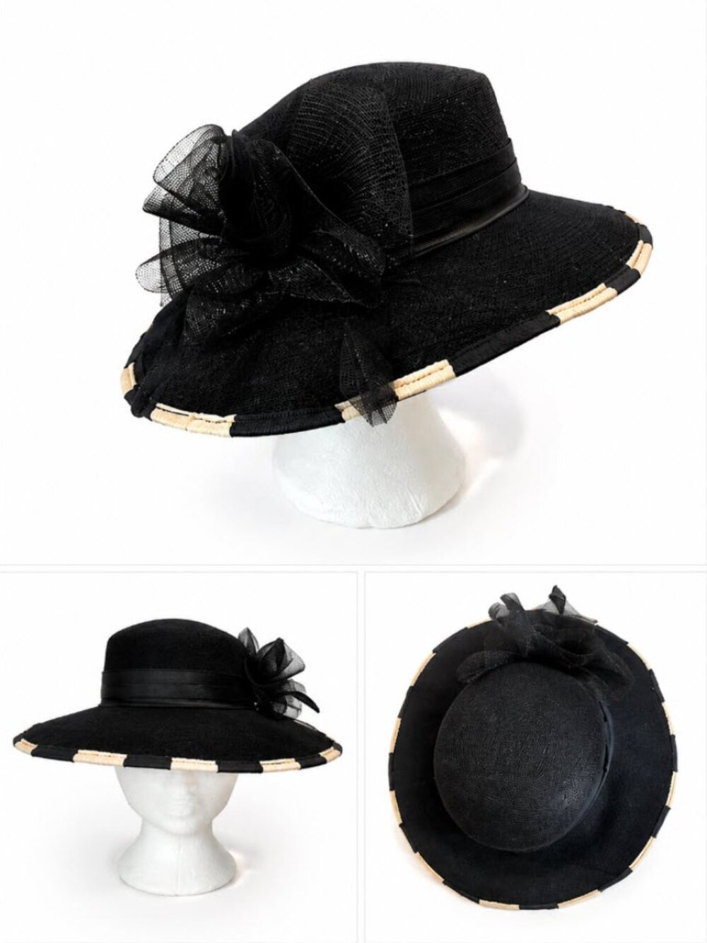 Elegant Black Wide-Brim Hat with Bow Accent
